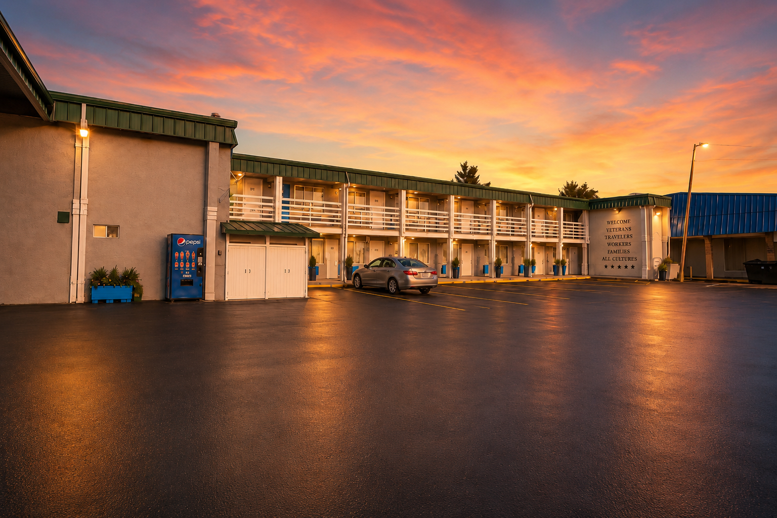Seminole Inn parking lot at sunset with warm golden light across the property